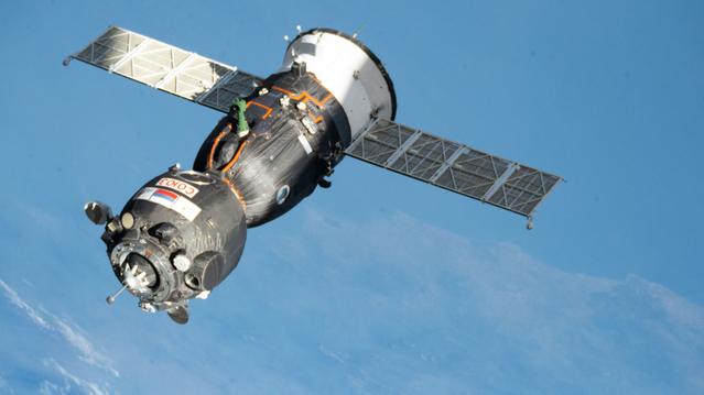 The Soyuz MS-29 spacecraft approaches the International Space Station for an automated docking