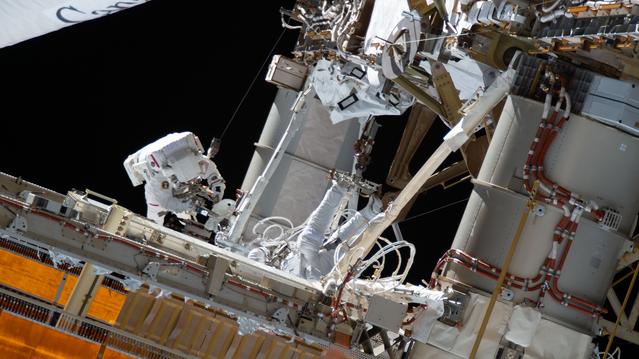 Expedition 75 commander Jessica Meir conducts a spacewalk