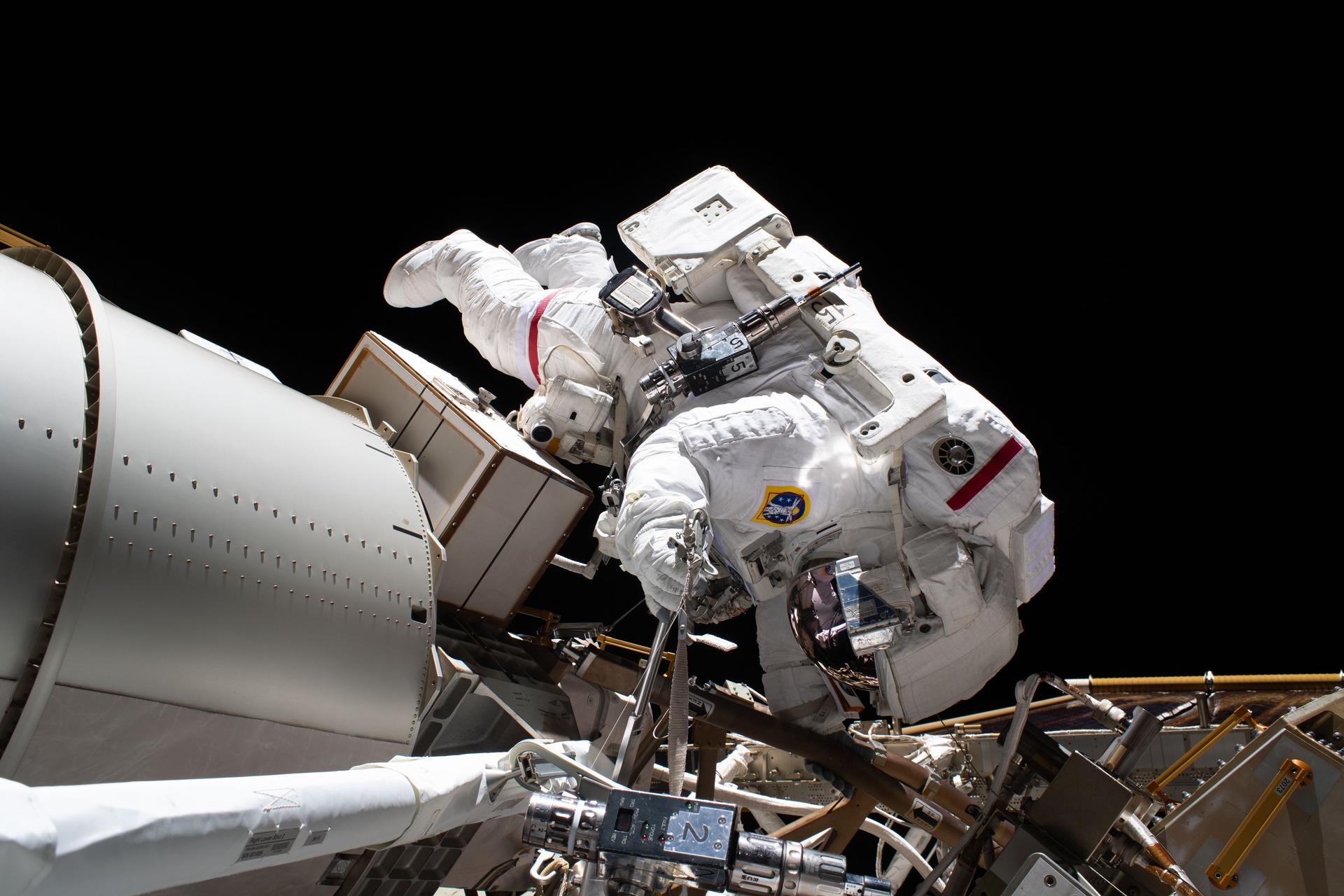 NASA astronaut and Expedition 75 commander Jessica Meir conducts a spacewalk to prepare the International Space Station for future upgrades to its power system. Meir helped build a modification kit on the station’s Starboard 6 truss segment where a roll out solar array is slated to be installed later this year.