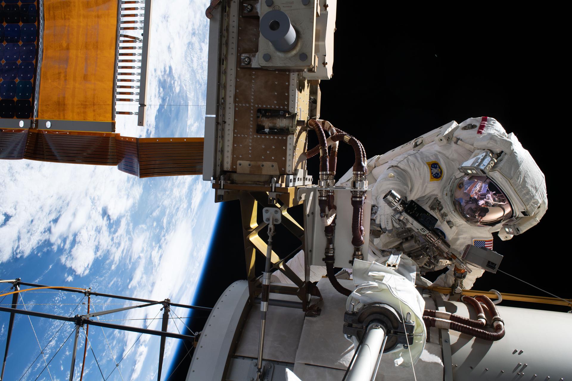 NASA astronaut and Expedition 75 commander Jessica Meir conducts a spacewalk to prepare the International Space Station for future upgrades to its power system. Meir helped build a modification kit on the station’s Starboard 6 truss segment where a roll out solar array is slated to be installed later this year.