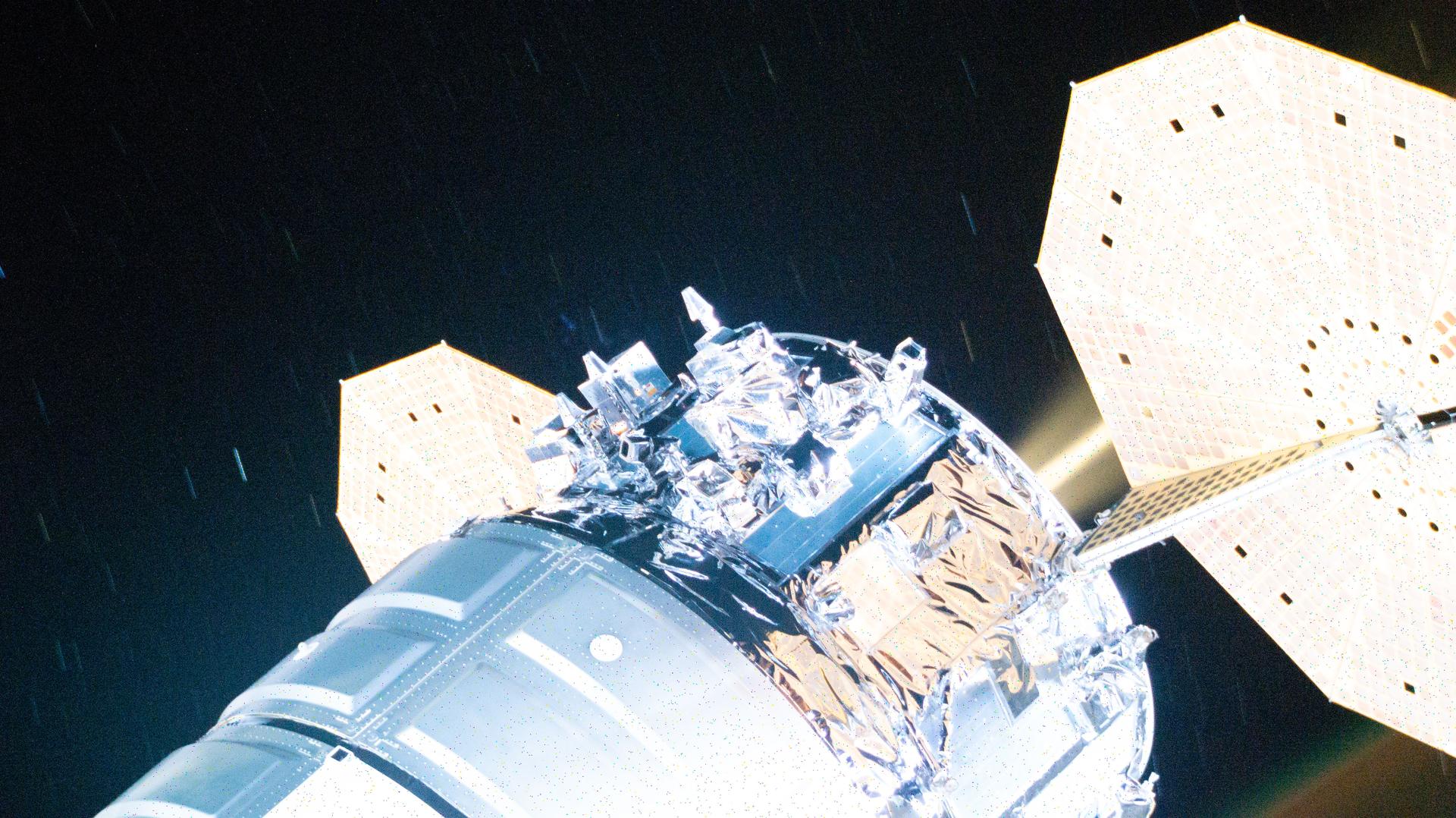 iss075e0085138 (Aug. 27, 2026) --- Northrop Grumman’s Cygnus XL cargo spacecraft fires its engines while berthed to the Unity module, lifting the International Space Station’s orbit. The orbital reboost placed the station at the correct altitude for the rendezvous and docking of the Progress 96 resupply ship, scheduled to launch in early September. Credit: NASA