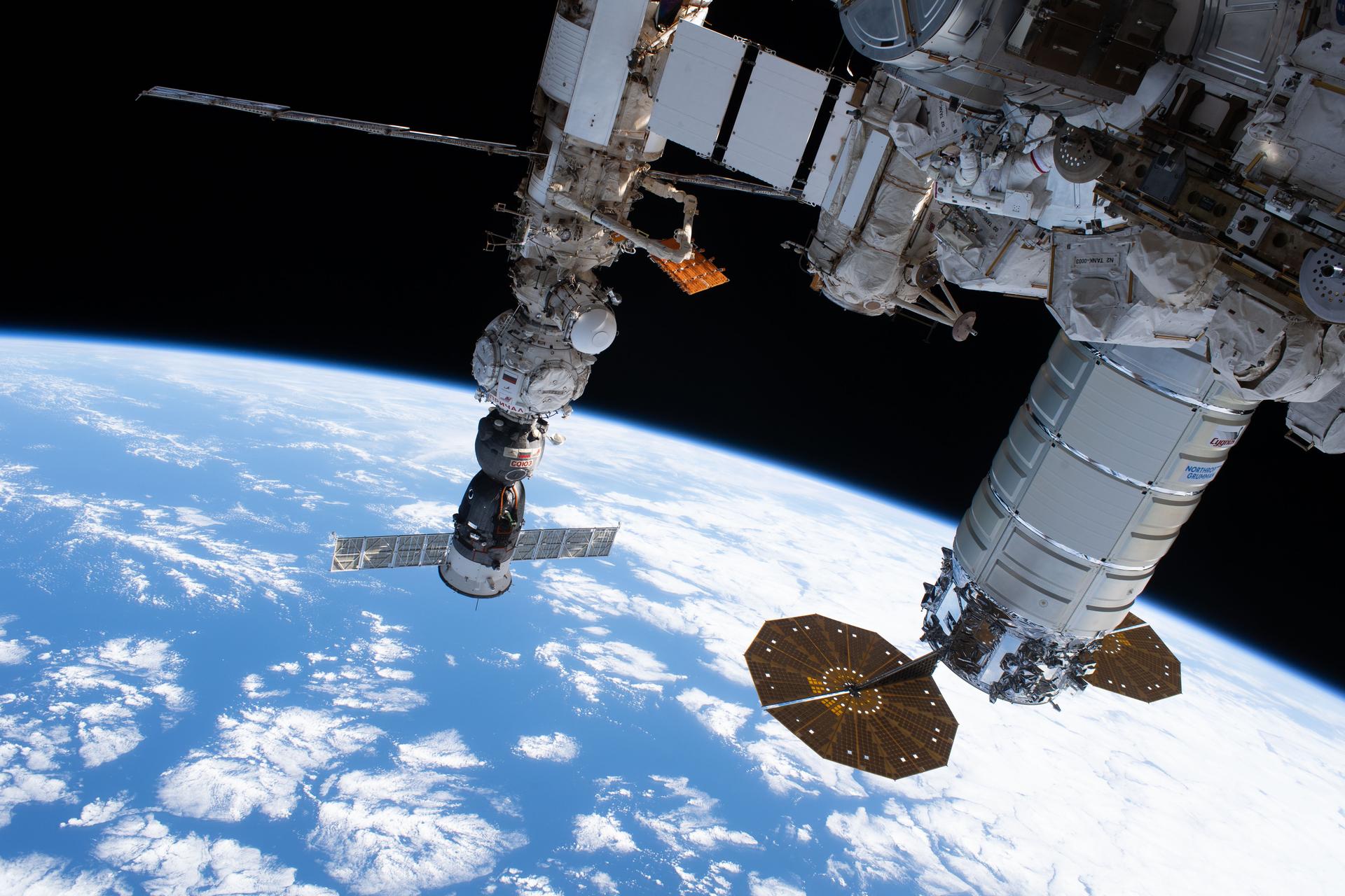 From left, the Soyuz MS‑29 crew spacecraft, docked to the Prichal module, and Northrop Grumman’s Cygnus XL cargo spacecraft, berthed to the Unity module, are pictured as the International Space Station orbited 261 miles above the Pacific Ocean west of Peru.