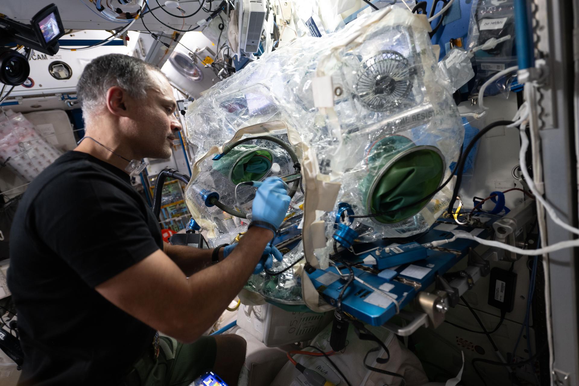 NASA astronaut and Expedition 75 flight engineer Anil Menon uses a lead-free soldering technique to solder components on a circuit board and demonstrate the manufacturing and repair of electronics in microgravity. Menon conducted safe research operations inside a container system attached to the Harmony module's maintenance work area to protect the International Space Station's atmosphere. The MIYOKA experiment will return the space-soldered samples to Earth for analysis and compared them to identical ground-soldered samples. Results may lead to reduced reliance on costly resupply missions.