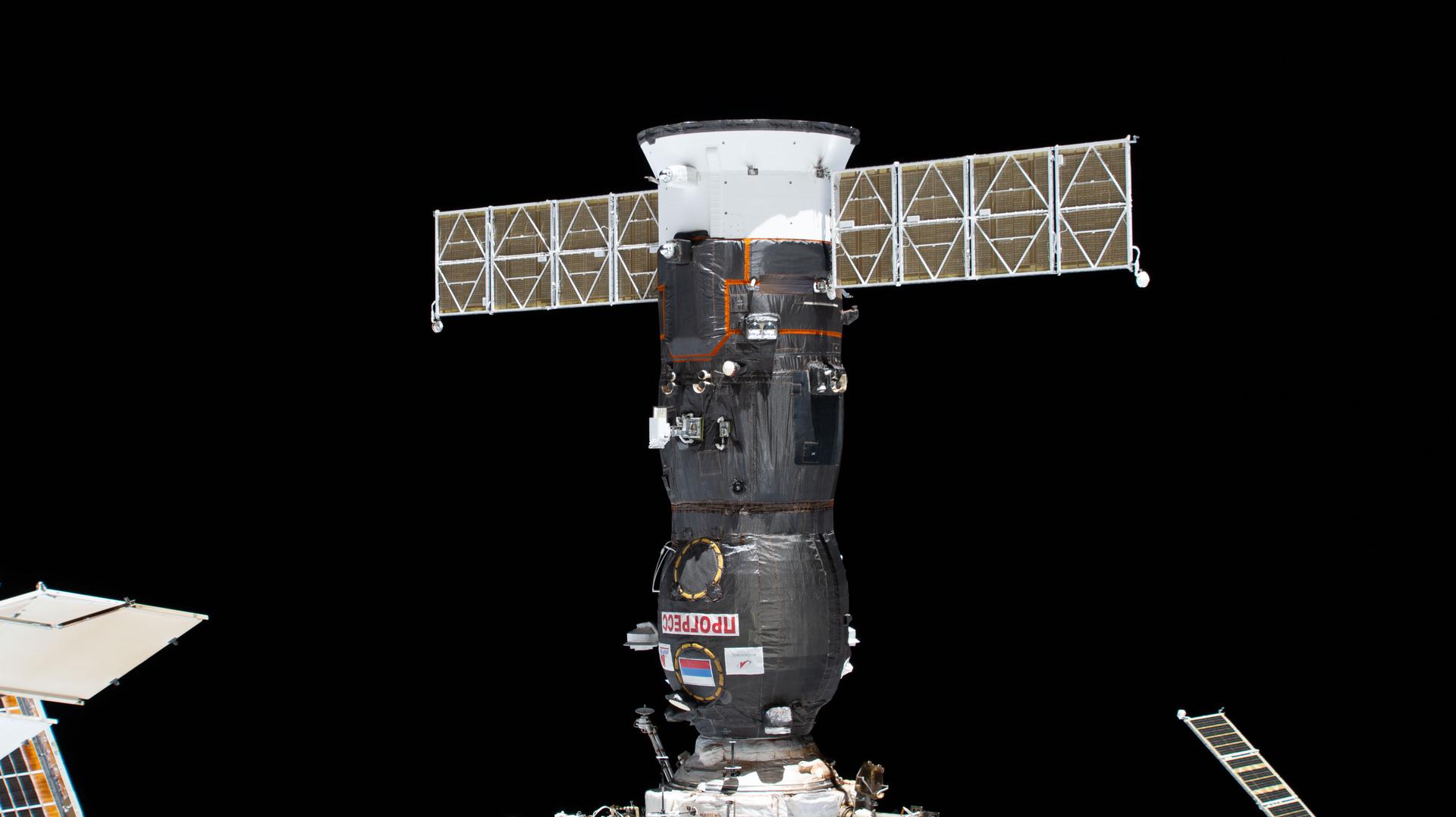 The Progress 96 cargo spacecraft is pictured docked to the International Space Station’s Poisk module. Progress 96 delivered about three tons of food, fuel, and supplies, replenishing the Expedition 75 crew after launching from the Baikonur Cosmodrome in Kazakhstan for a five‑month stay at the orbital outpost.