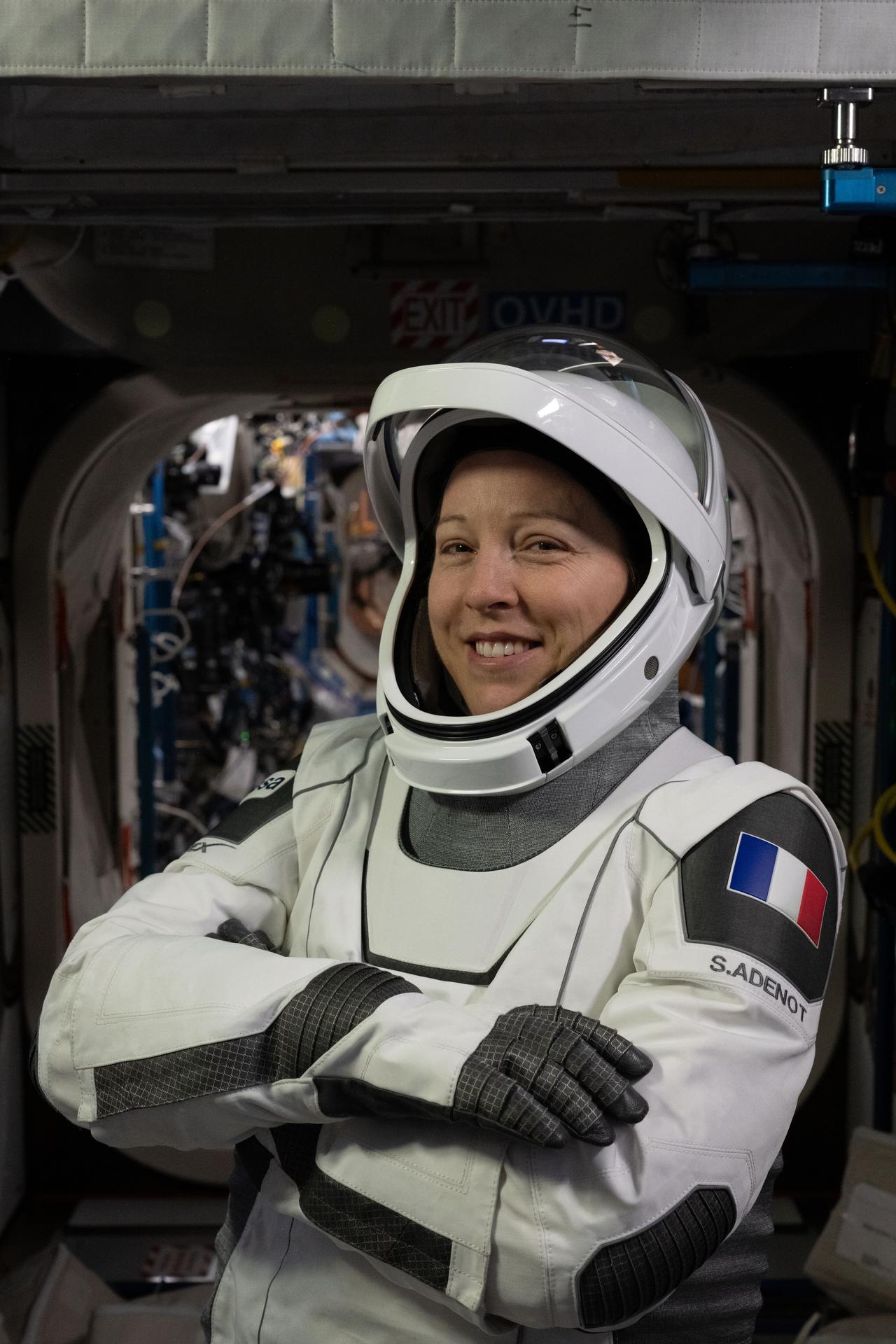 ESA (European Space Agency) astronaut and NASA's SpaceX Crew-12 mission specialist Sophie Adenot poses for a portrait while wearing the pressure suit she will wear when she departs the International Space Station inside the SpaceX Dragon spacecraft.