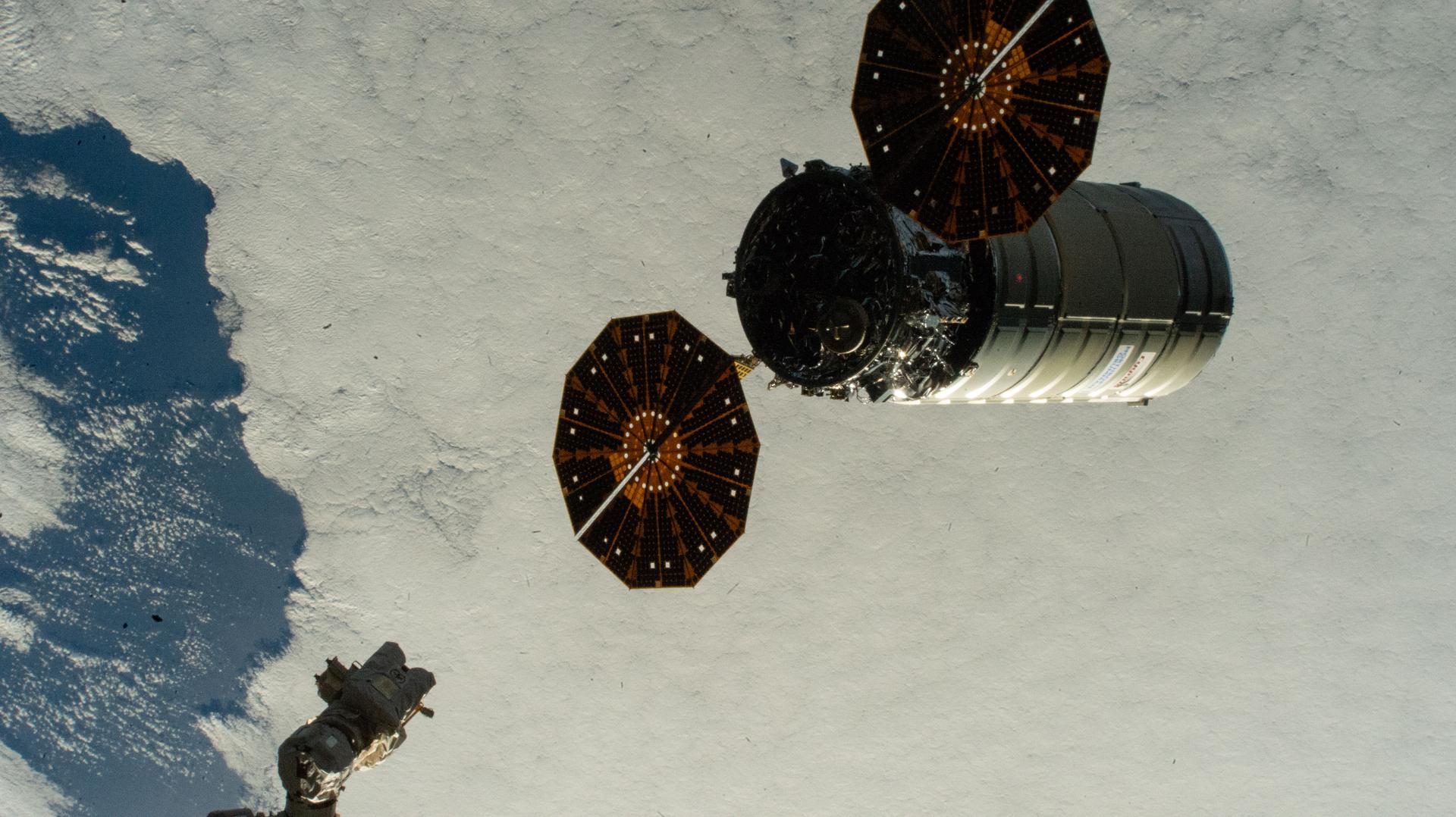 Northrop Grumman's Cygnus XL cargo spacecraft departs the International Space Station 263 miles above the North Atlantic Ocean after being released from the grip of the Canadarm2 robotic arm. Cygnus XL reentered Earth's atmosphere three days later burning up harmlessly over the Pacific Ocean completing a six-month resupply mission at the orbital outpost.