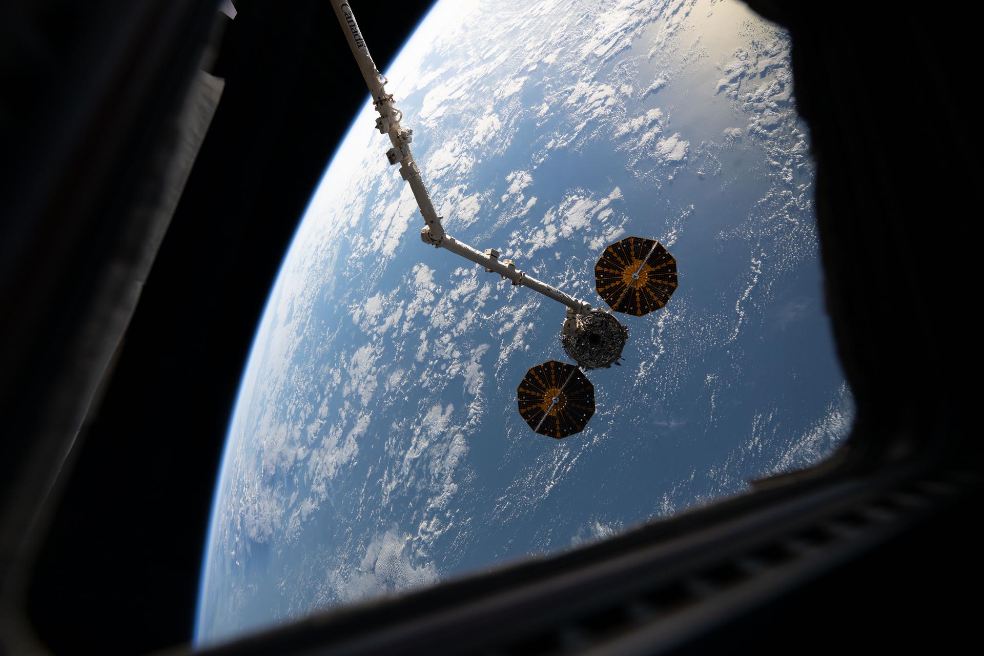 Northrop Grumman's Cygnus XL cargo spacecraft is held in the grip of the Canadarm2 robotic arm before its release from the International Space Station. The orbital outpost was soaring 264 miles above the North Atlantic Ocean at the time of this photograph.