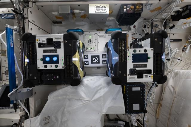 Astrobees attached to a docking station inside the International Space Station