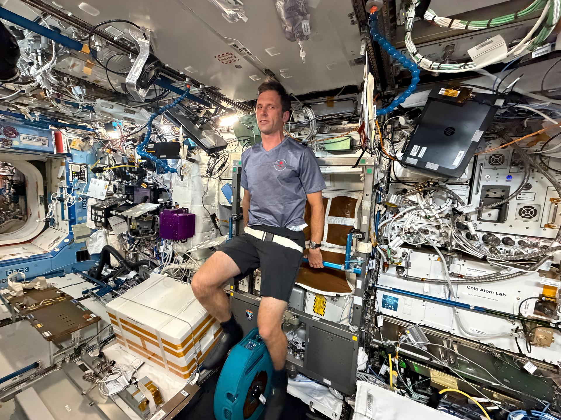 CSA (Canadian Space Agency) astronaut and Expedition 75 flight engineer Joshua Kutryk pedals on an exercise cycle inside the International Space Station’s Destiny laboratory module. Astronauts work out daily in microgravity to maintain muscle, bone, and cardiovascular health during long duration spaceflight.