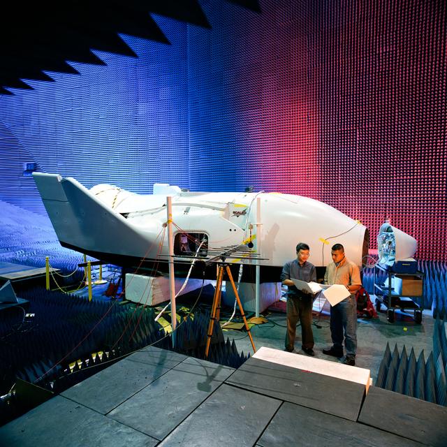 NASA image: X-38 vehicle in anechoic chamber in building 14