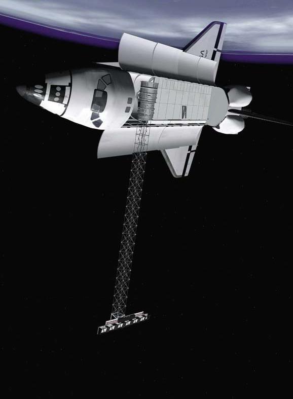 JSC2000E01559 (January 2000) -- An artist's concept depicts the Space Shuttle Endeavour with its 200-ft. (60 meter) mast deployed in Earth orbit. The  experiment will conduct radar mapping of Earth's topography.