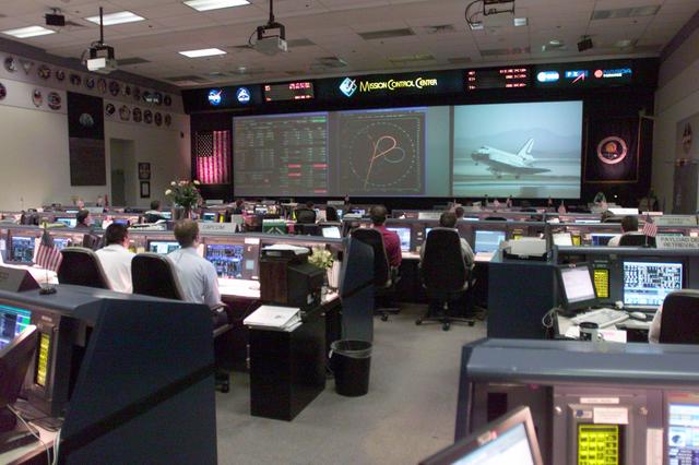 JSC2002-E-26015 (19 June 2002) --- The Space Shuttle Endeavour is shown on the big screen in this overall view of the shuttle flight control room (WFCR) in Houston&#0146;s Mission Control Center (MCC). The shuttle landed at Edwards Air Force Base, California at 10:58 a.m. (PDT) on June 19, 2002. The landing site was switched to Edwards after three days of wave offs at Kennedy Space Center, Florida, due to unacceptable weather conditions.