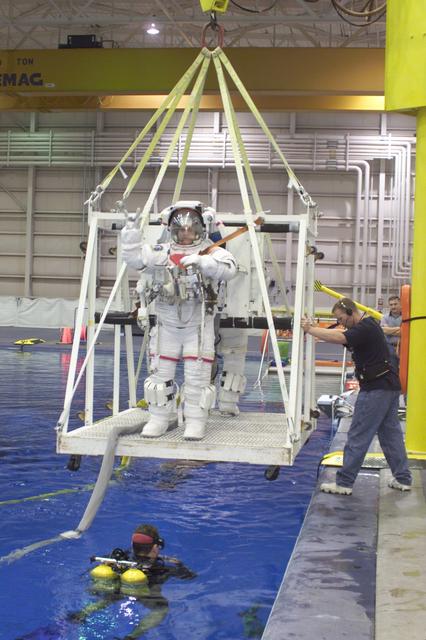 JSC2002-E-27065 (1 July 2002) --- Astronauts David A. Wolf and Piers J. Sellers (partially obscured), both STS-112 mission specialists, are about to be submerged in the waters of the Neutral Buoyancy Laboratory (NBL) near the Johnson Space Center (JSC).  Wolf and Sellers are wearing the training version of the Extravehicular Mobility Unit (EMU) space suit. Scuba divers are in the water to assist the astronauts in their rehearsal, intended to help prepare them for work on the exterior of the International Space Station (ISS).