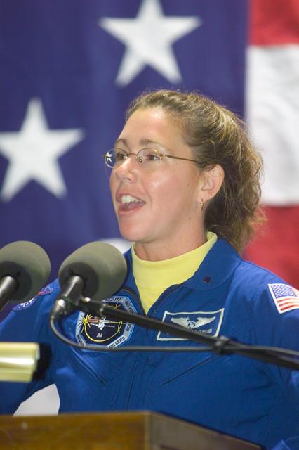 JSC2002-E-42184 (19 October 2002) ---  Astronaut Sandra H. Magnus, STS-112 mission specialist, addresses an Ellington Field crowd following the return to Houston by the STS-112 mission's six crewmembers.