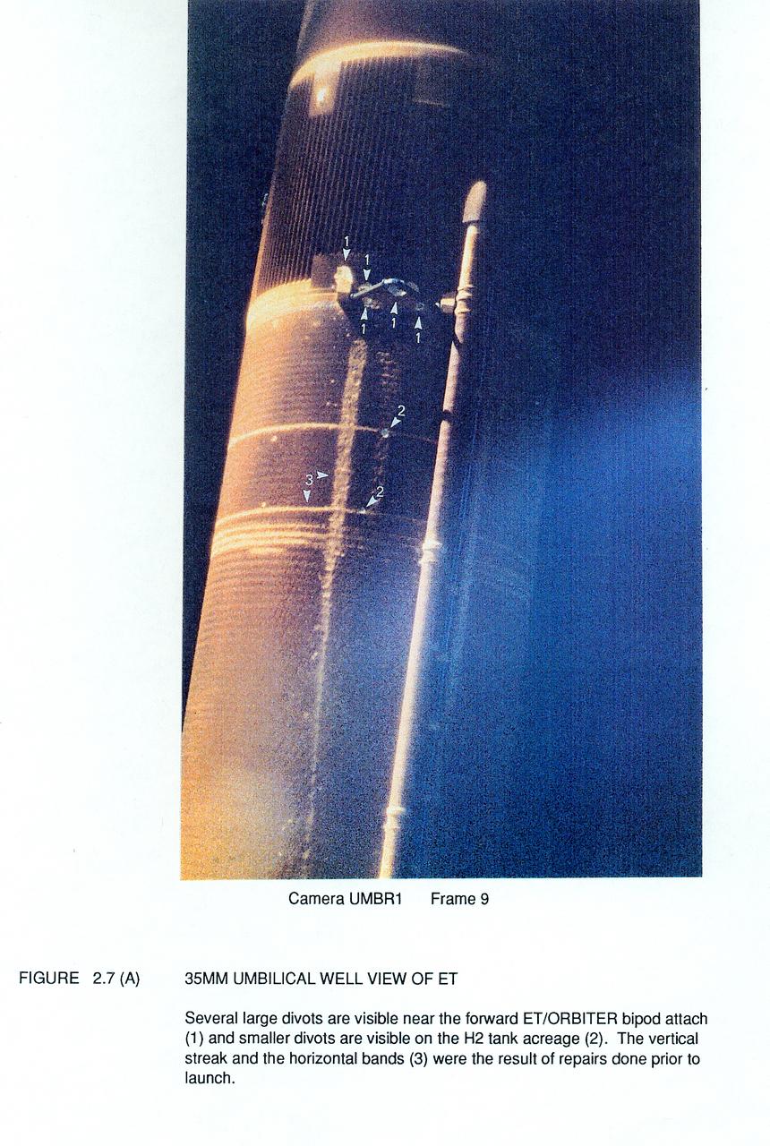 JSC2003-E-15407 (9 Jan. 1990) --- A 35mm still camera located in the umbilical well of the Space Shuttle Columbia took this photograph of the external fuel tank (ET) after it was dropped from the launch stack as the shuttle headed for Earth-orbit on Jan. 9, 1990 for the STS-32 mission. Several large divots are visible near the forward ET/orbiter bipod and smaller divots are visible on the H2 tank acreage. The vertical streak and the horizontal bands were the results of repairs done prior to launch.