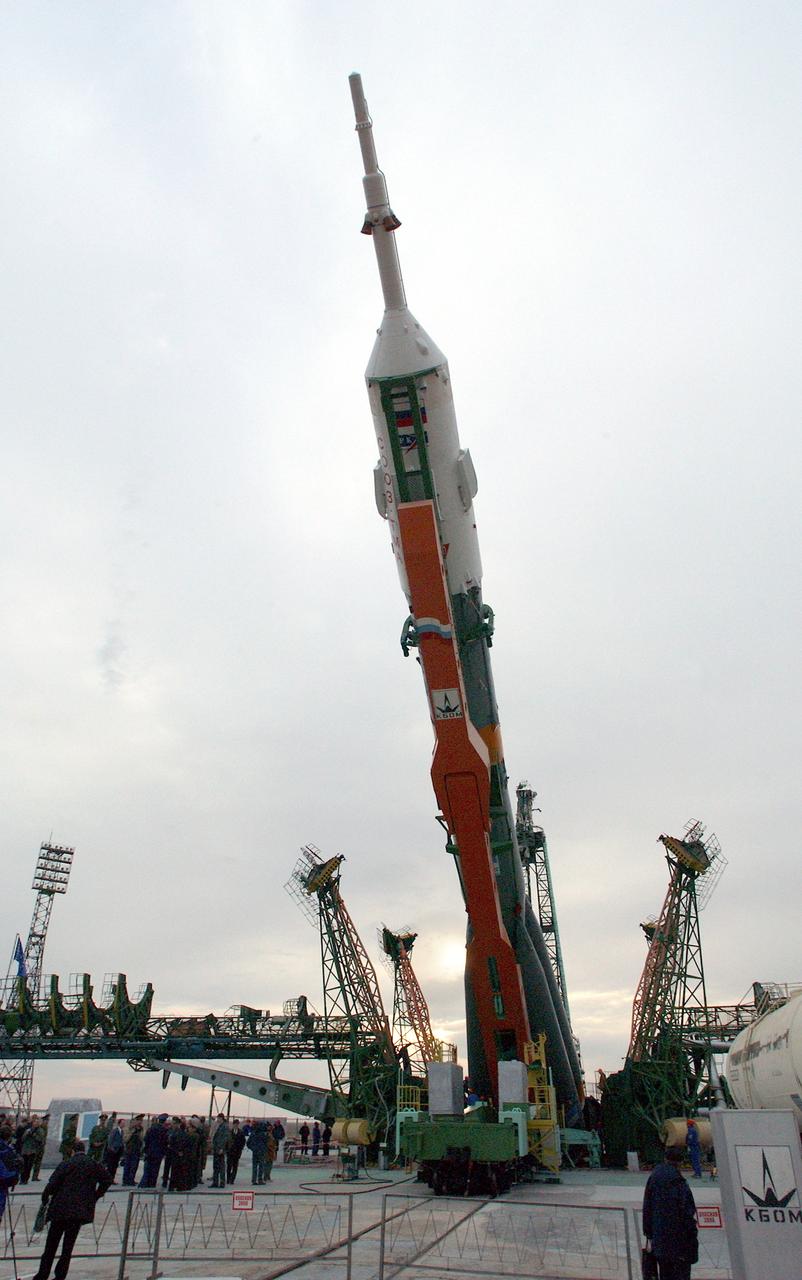 JSC2003-E-31961 (24 April 2003) --- The Soyuz rocket is erected at the launch pad at the Baikonur Cosmodrome, Kazakhstan. Expedition Seven is scheduled to launch onboard the Soyuz on Saturday April 26, 2003. Photo credit: NASA/Bill Ingalls.