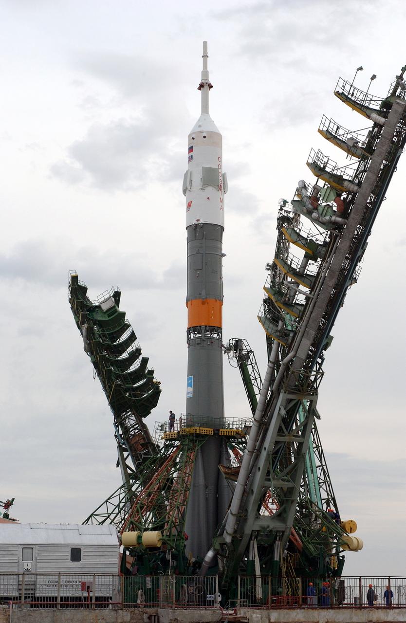 JSC2003-E-31962 (24 April 2003) --- The Soyuz rocket is erected at the launch pad at the Baikonur Cosmodrome, Kazakhstan. Expedition Seven is scheduled to launch onboard the Soyuz on Saturday April 26, 2003. Photo credit: NASA/Bill Ingalls.
