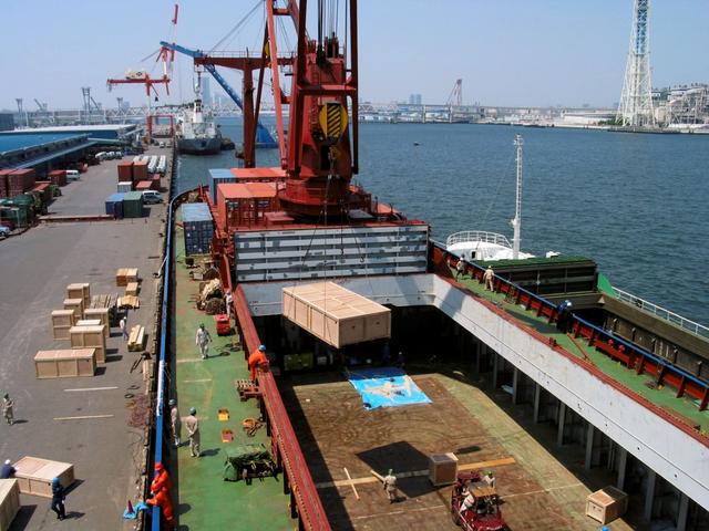 JSC2003-E-34747 (2 May 2003) --- A crate containing Ground Support Equipment for the Pressurized Module of the Japanese Experiment Module (JEM), Kibo, is lowered into a container transport ship. Kibo is expected to arrive at the Kennedy Space Center in early June where it will be prepared for module integration tests with Node 2 and then prepared for launch to the International Space Station aboard the space shuttle. Photo Credit: NASA