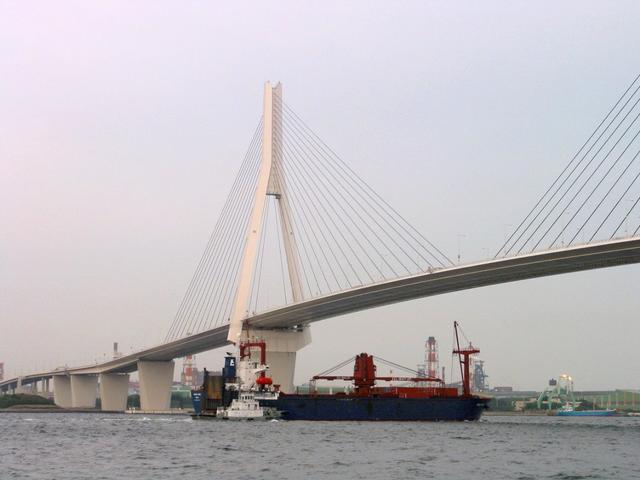 JSC2003-E-34750 (2 May 2003) --- A container transport ship carrying is shown departing Yokohama Harbor, Yokohama, Japan, bound for the Port Canaveral, Florida. The Kibo Pressurized Module, built by National Space Development Agency (NASDA), is expected to arrive at the Kennedy Space Center for module integration tests with Node 2 and pre-launch processing in early June.  Photo Credit: NASA