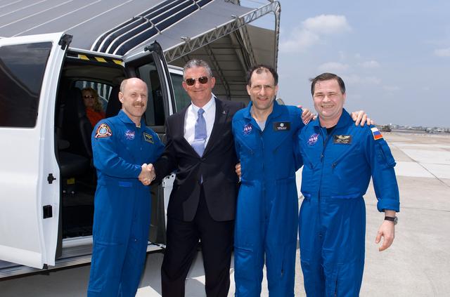 NASA image: International Space Station Expedition 6 crew arrival at Ellington Field for crew return to JSC.