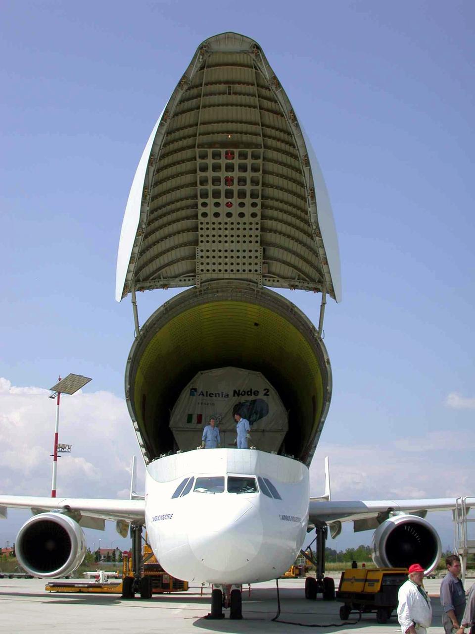 JSC2003-E-40253 (30 May 2003) ---  The International Space Station U.S. Node 2 module is shown inside an Airbus Beluga heavy-lift aircraft.  The aircraft departed May 30 from Turin, Italy and arrived at the Kennedy Space Center June 1 with Node 2.  Under contract of the Italian Space Agency (ASI), Alenia Spazio led a consortium of European sub-contractors to build Node 2. The module was built for NASA under a barter agreement with the European Space Agency (ESA) in exchange for the launch of the European Columbus Laboratory by the space shuttle to the International Space Station.  Node 2 will provide a passageway between four International Space Station science experiment modules: the U.S. Destiny Laboratory, the Kibo Japanese Experiment Module, the European Columbus Laboratory and the Centrifuge Accommodation Module.  The addition of Node 2 to the station will signify the U.S. Core Complete stage of assembly, at which time the station can support the addition of international laboratories from Europe and Japan. Photo     Credit:  Italian Space Agency (ASI)