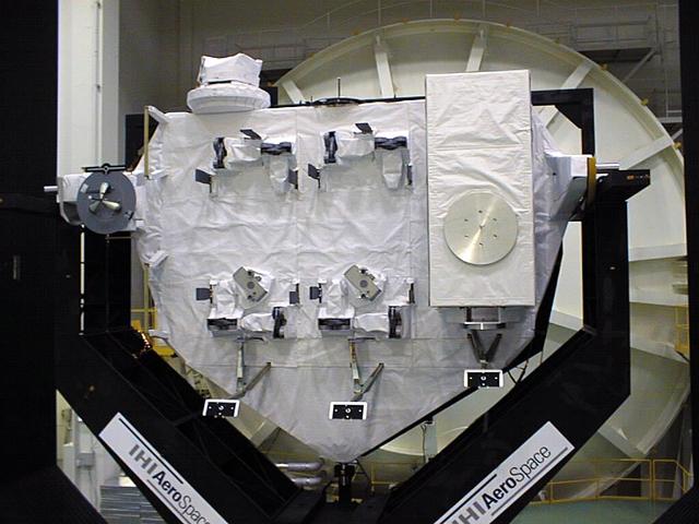 JSC2003-E-42549 (For Release: 18 June 2003) --- The Experiment Logistics Modules-Exposed (ELM-ES) of the Japanese Experiment Module (JEM), Japan's primary contribution to the International Space Station (ISS), is shown in a processing facility. There are two JEM logistics modules, one each for the Pressurized Module and the Exposed Facility, that serve as on-orbit storage areas that house materials for experiments, maintenance tools and supplies. The ELM-ES is a pallet that can hold 3 experiment payloads for the JEM Exposed Facility. Photo Credit: NASDA