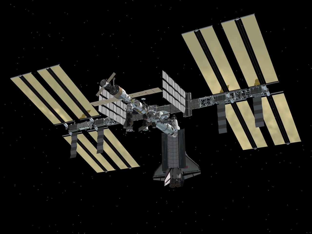 JSC2003-E-64498 (December 2003) - Post 10A underside/aft view of the International Space Station with Shuttle docked to Node 2.