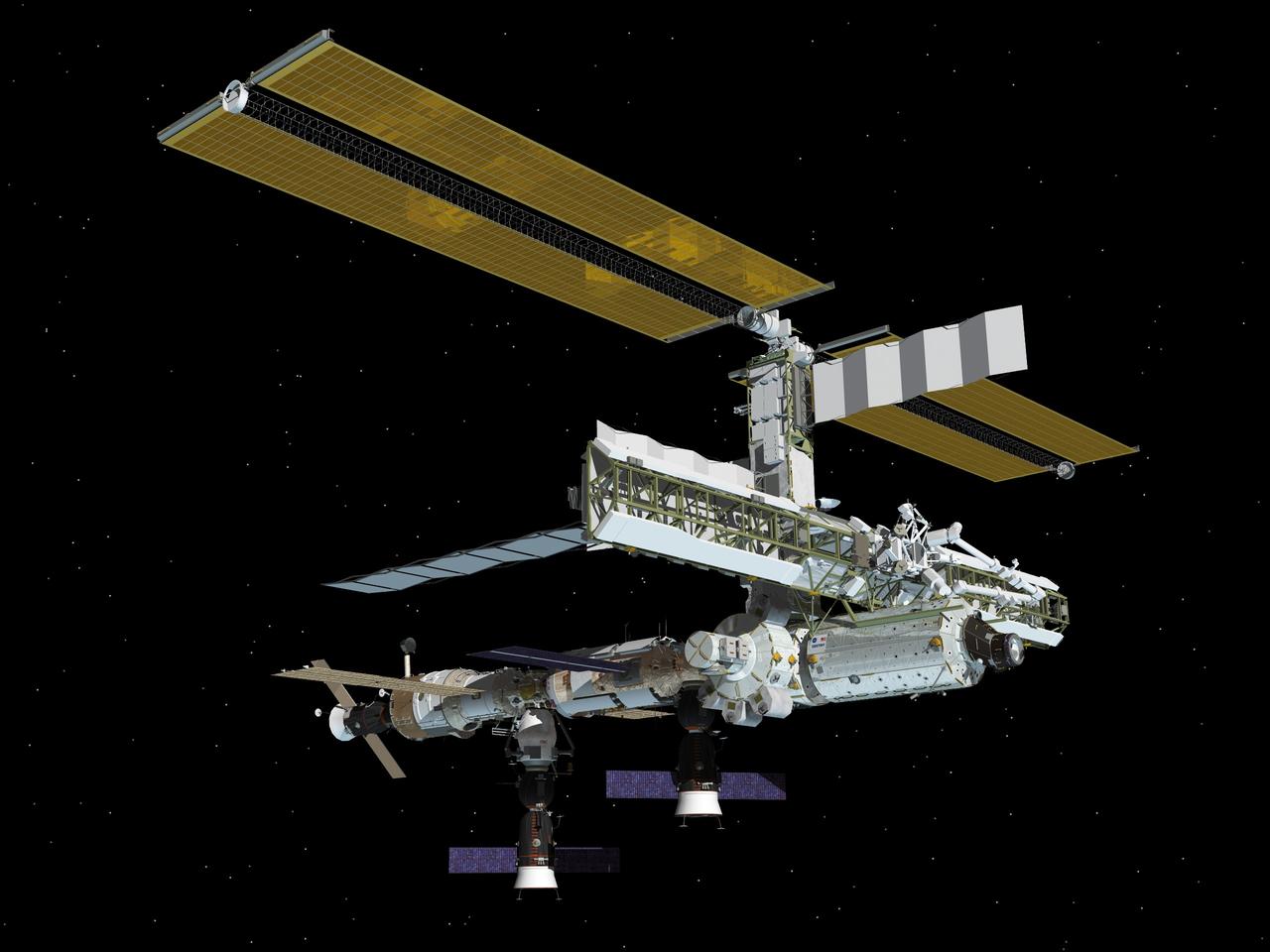 JSC2004-E-18460 (April 2004) ---  This artist's rendering depicts the starboard side of the International Space Station following the  April 21, 2004  docking of the Soyuz 8 to the nadir port of the Zarya module.  Soyuz 7 is docked to Pirs  and the Progress 13 resupply vehicle is linked to the aft end of the Zvezda Service Module.