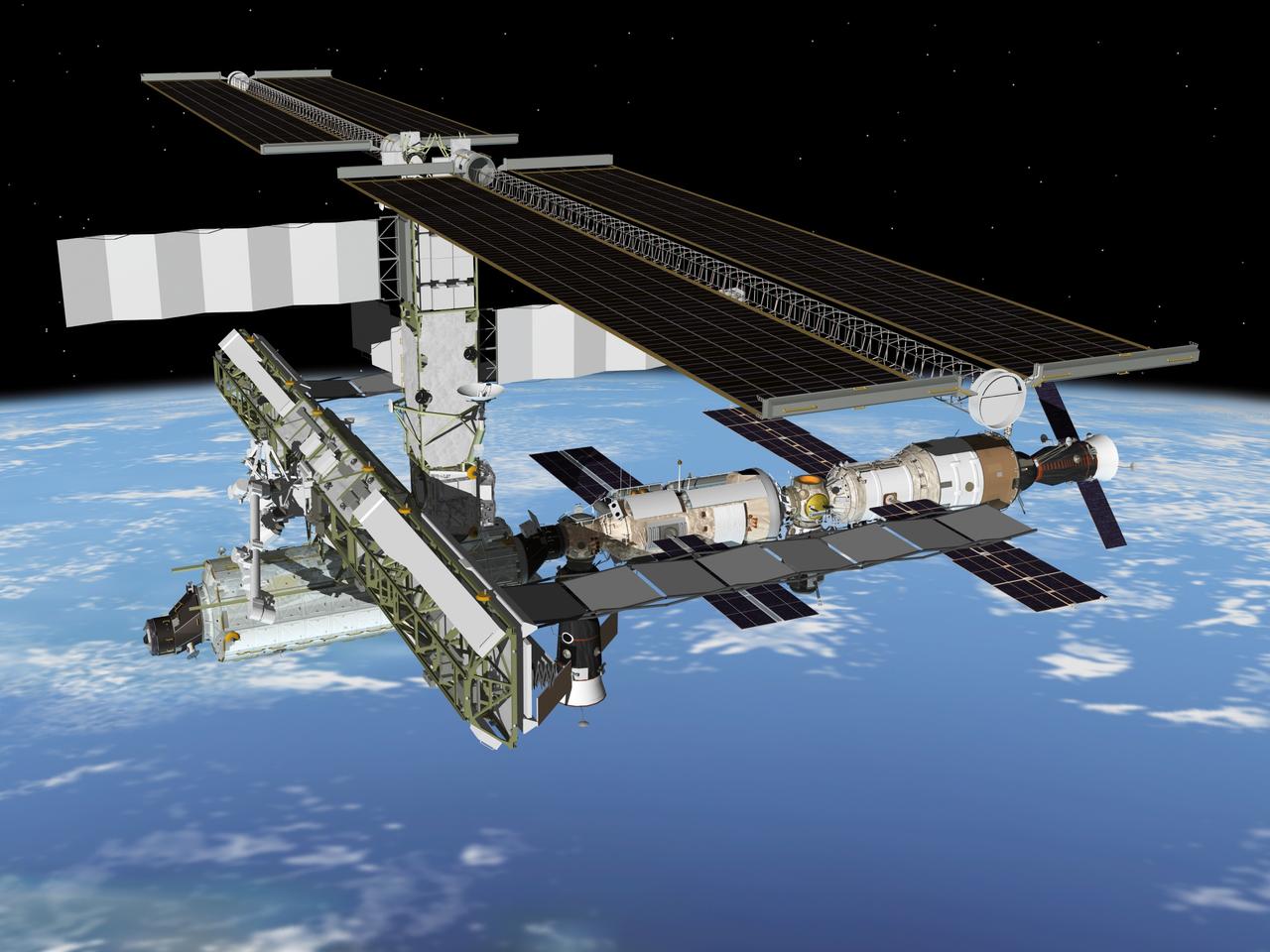 JSC2004-E-18461 (April 2004) --- This artist's rendering depicts the port side of the International Space Station following the April 29 departure of Soyuz 7, which had earlier been docked to Pirs. The presence of Soyuz 8 vehicle, as it appeared after the April 21 docking to the nadir port of the Zarya module, is also depicted. The Progress 13 resupply vehicle is docked to the aft end of the Zvezda Service Module.