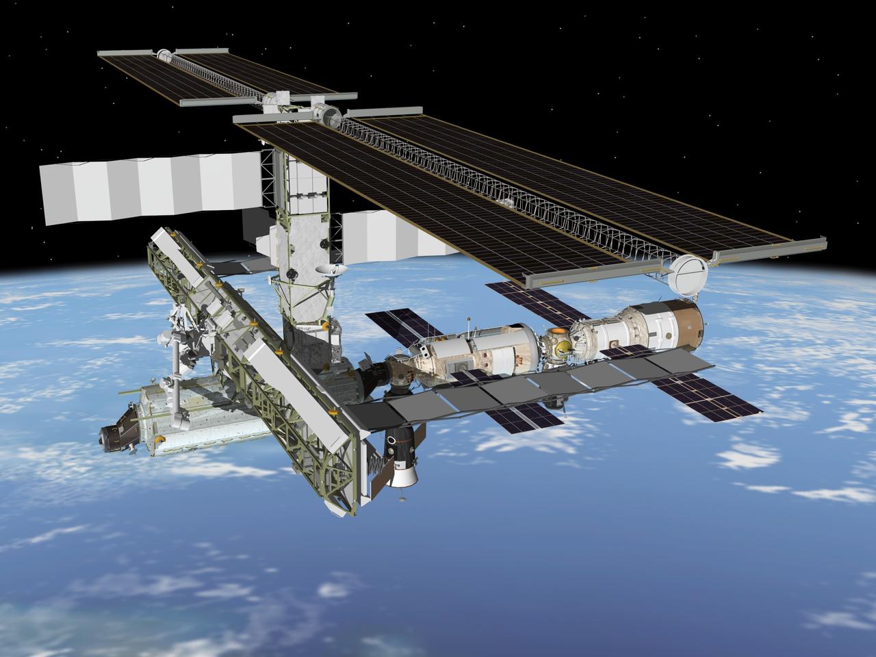 JSC2004-E-23117 (May 2004) --- This artist's rendering depicts the port side of the International Space Station following activities of May 24, 2004. The resupply vehicle Progress 13 has undocked from the aft end of the Zvezda Service Module. Soyuz 8 is docked to the FGB Zarya's nadir port.