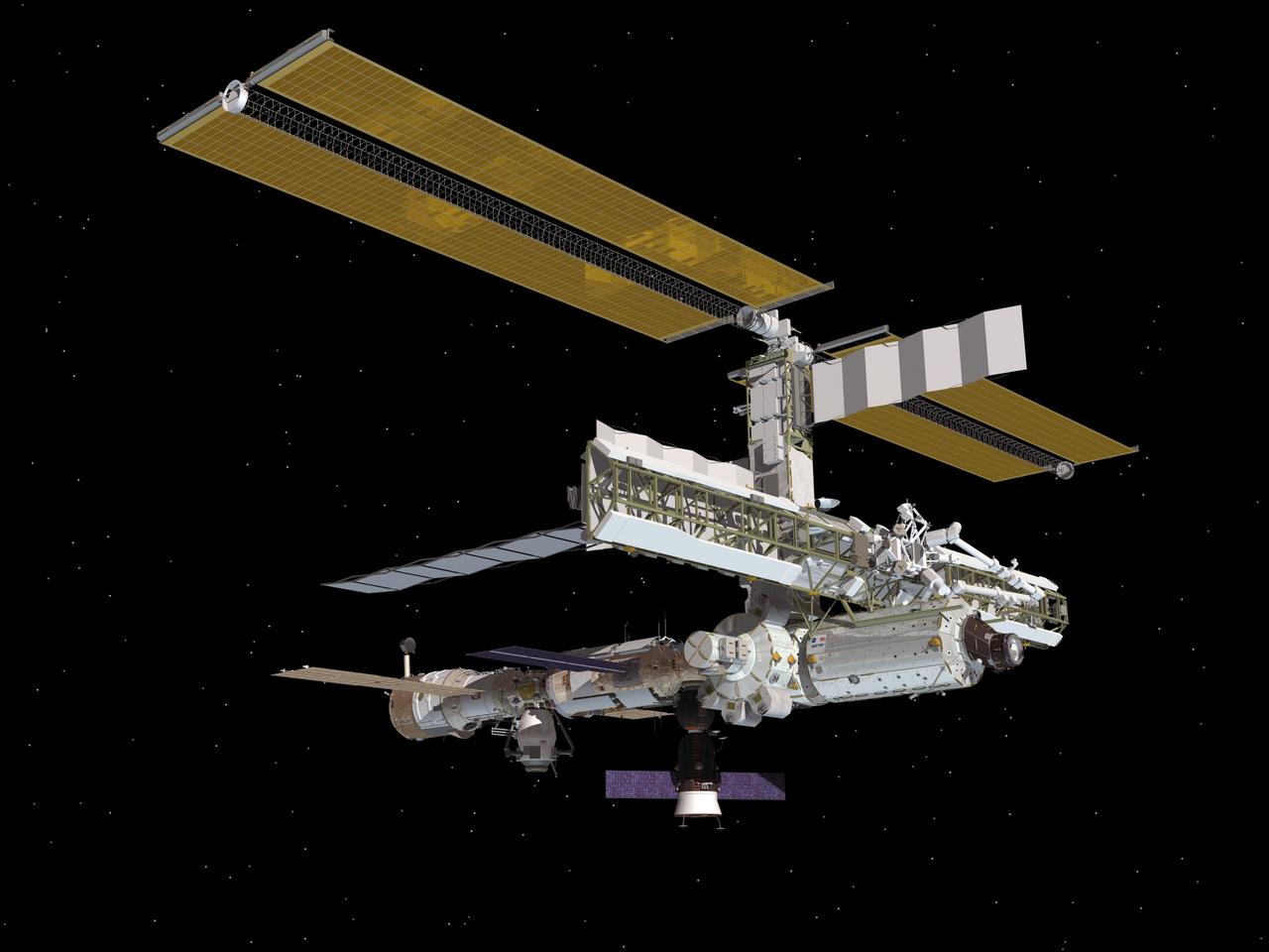 JSC2004-E-23118 (May 2004) --- This artist's rendering depicts the starboard side of the International Space Station following activities of May 24, 2004. The resupply vehicle Progress 13 has undocked from the aft end of the Zvezda Service Module. Soyuz 8 is docked to the FGB Zarya's nadir port.
