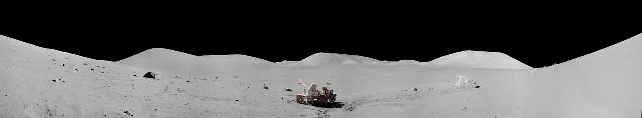 Panorama view of Apollo 17 Lunar surface photos for use in presentations to NASA management and for Outreach Education in regard to new NASA initiative for human planetary research. Photo numbers used for this panoramic include: Apollo 17 start frame AS17-146-22339 thru end frame AS17-146-22363. View is of Station 7 Panorama taken during Extravehicular Activity (EVA) 3.