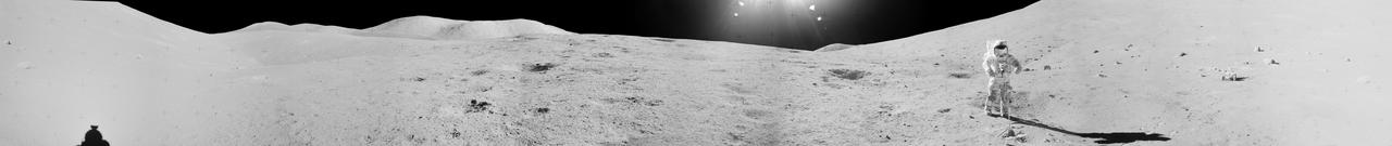 Panorama view of Apollo 17 Lunar surface photos for use in presentations to NASA management and for Outreach Education in regard to new NASA initiative for human planetary research. Photo numbers used for this panoramic include: Apollo 17 start frame AS17-138-21053 thru end frame AS17-138-21073. View is of Station 2, taken during the second Extravehicular Activity (EVA) 2.