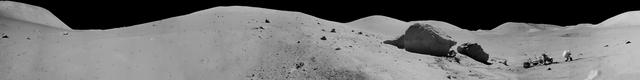 jsc2004e52779 - Panorama view of Apollo 17 lunar surface photos for Station 6 taken during the third moonwalk of the mission by Apollo 17 commander Eugene Cernan and lunar module pilot Harrison (Jack) Schmitt. The panoramas were built by combining Apollo 17 images starting with frame AS17-141-21575 through end frame AS17-141-21603. The panoramic images received minimal retouching by NASA imagery specialists, including the removal of lens flares that were problematic in stitching together the individual frames and blacking out the sky to the lunar horizon. These adjustments were made based on observations of the Moon walkers who reported that there are no stars visible in the sky due to the bright lunar surface reflection of the Sun.