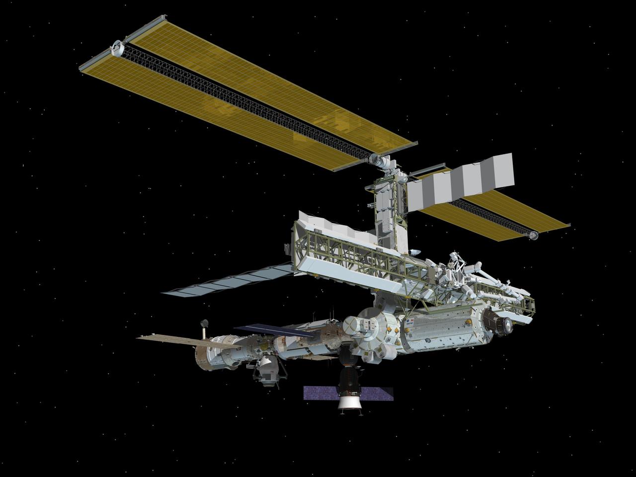 JSC2005-E-07829 (February 2005) --- Computer-generated artist's rendering of the International Space Station following activities of  February 27, 2005. This angle shows the starboard side of the orbiting complex.  Progress 16 resupply vehicle undocks from aft end of Zvezda Service Module.  Soyuz 9 is docked to Zarya Module&#0146;s nadir port.