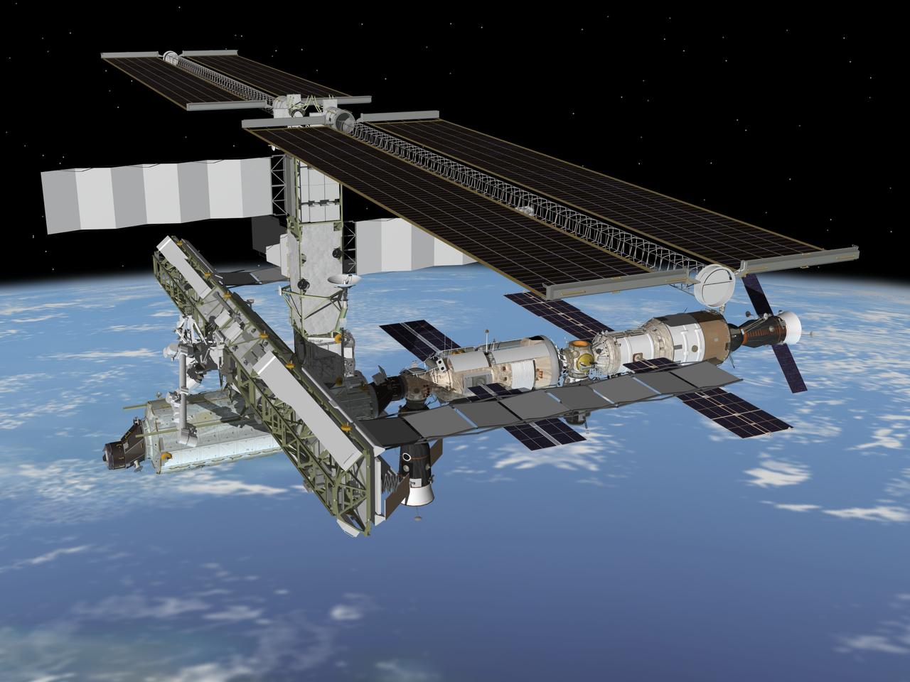 JSC2005-E-07830 (February 2005) --- Computer-generated artist's rendering of the International Space Station following scheduled activities of March 2, 2005. This angle shows the port side of the orbiting complex.  Progress 17 resupply vehicle docks to aft end of Zvezda Service Module.  Soyuz 9 is on Zarya Module&#0146;s nadir port.