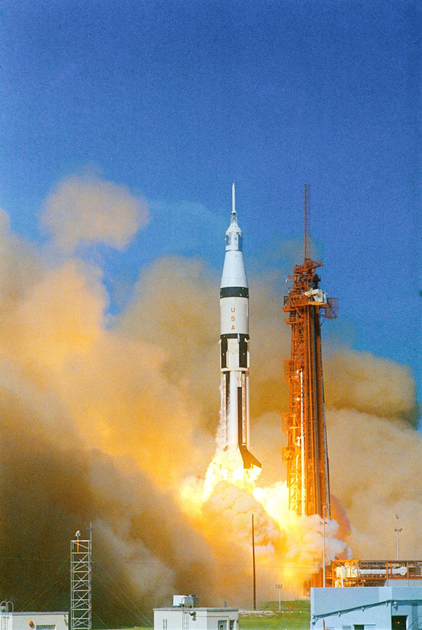 Apollo 7 lifts off from Cape Kennedy Launch Complex 34 at 11:03 A.M., EDT.  The astronauts aboard, for the first manned lunar orbital mission, are Astronauts Walter M. Schirra,Jr. Commander; Donn F. Eisele, Command Module Pilot; and Walter Cunningham, Lunar Module Pilot.  Original photo number was KSC-68PC-182.