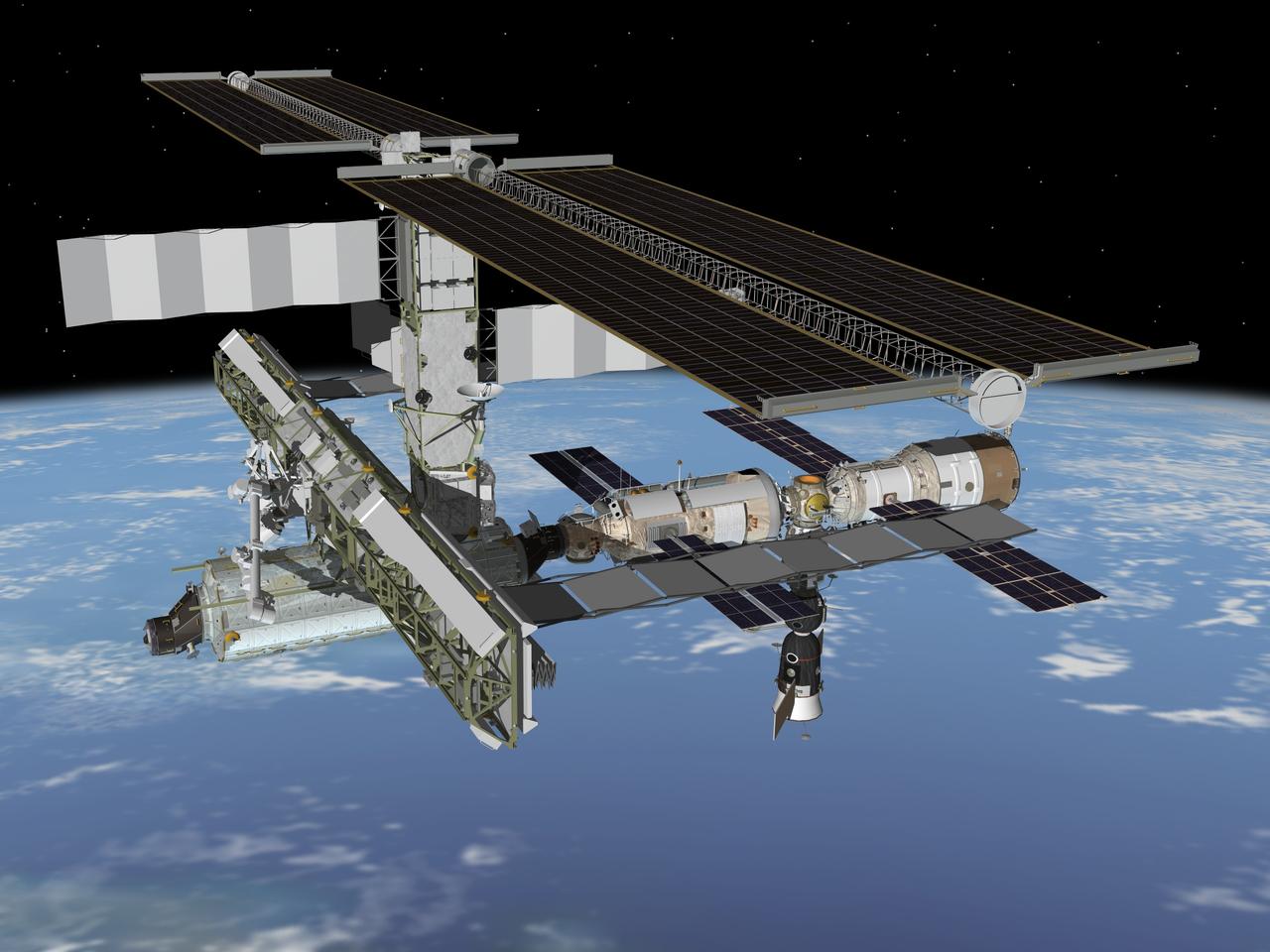 JSC2005-E-21681 (June 2005) --- Computer-generated artist's rendering of the International Space Station following scheduled activities of June 15, 2005. This angle shows the port side of the orbiting complex.  Progress 17 resupply vehicle undocks from the aft end of the Zvezda Service Module. Soyuz 10 remains docked to Pirs.