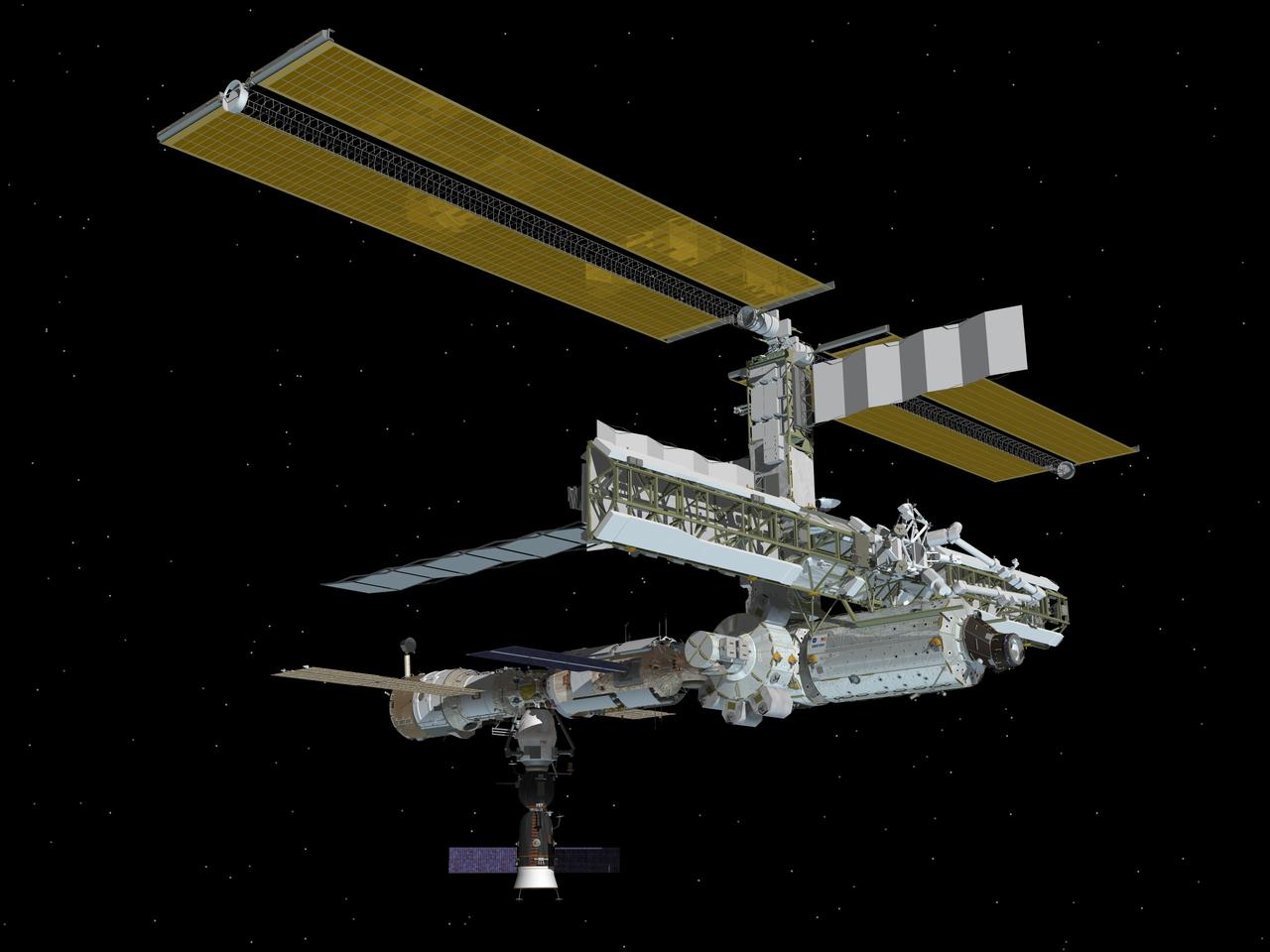JSC2005-E-21682 (June 2005) --- Computer-generated artist's rendering  of the International Space Station following scheduled activities of  June 15, 2005. This angle shows the starboard side of the orbiting complex.  Progress 17 resupply vehicle undocks from the aft end of the Zvezda Service Module. Soyuz 10 remains docked to Pirs.