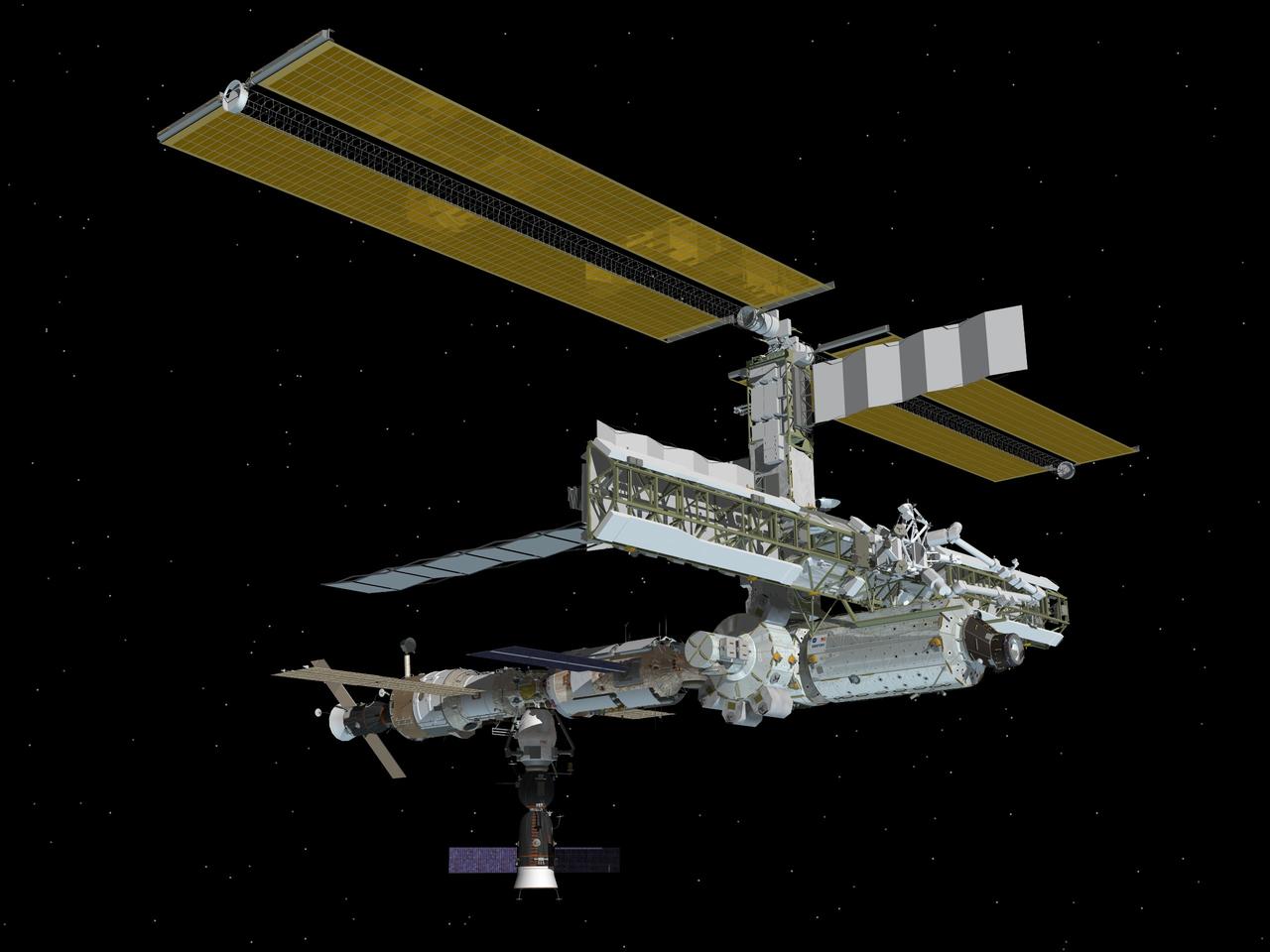 JSC2005-E-21684 (June 2005) --- Computer-generated artist's rendering of the International Space Station following scheduled activities of June 19, 2005. This angle shows the starboard side of the orbiting complex.  Progress 18 resupply vehicle docks to the aft end of the Zvezda Service Module. Soyuz 10 remains docked to Pirs.