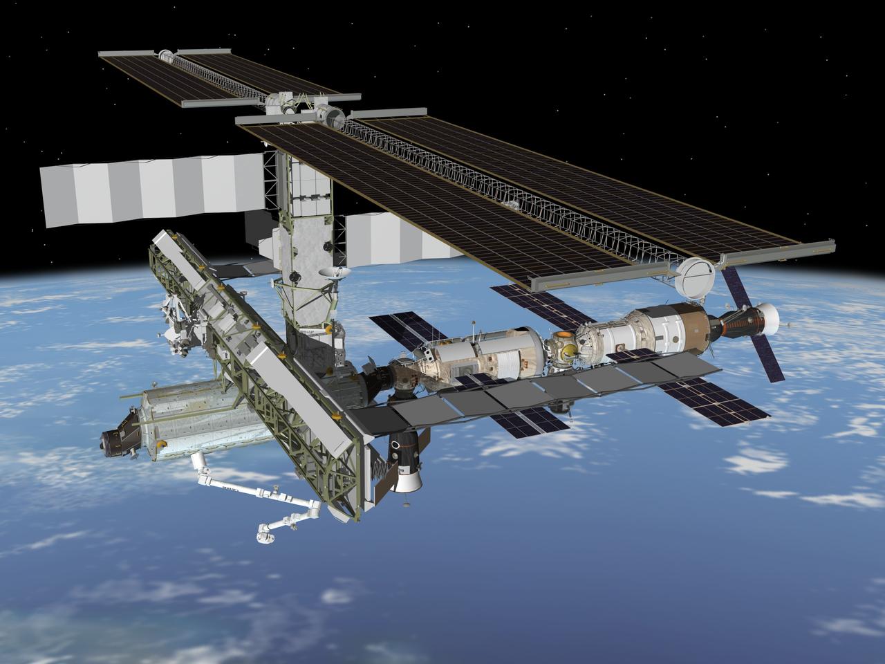 JSC2005-E-28435 (July 2005) --- Computer-generated artist's rendering of the International Space Station following scheduled activities of  July 19, 2005. This angle shows the port side of the orbiting complex.  Soyuz 10 moves from Pirs Docking Compartment to nadir port of the Zarya Module. The Progress 18 resupply vehicle remains docked to the aft end of the Zvezda Service Module.