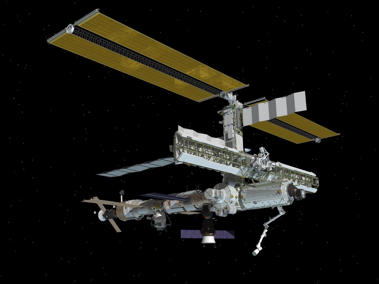 JSC2005-E-28436 (July 2005) --- Computer-generated artist's rendering of the International Space Station following scheduled activities of  July 19, 2005. This angle shows the starboard side of the orbiting complex.  Soyuz 10 moves from Pirs Docking Compartment to nadir port of the Zarya Module. The Progress 18 resupply vehicle remains docked to the aft end of the Zvezda Service Module.