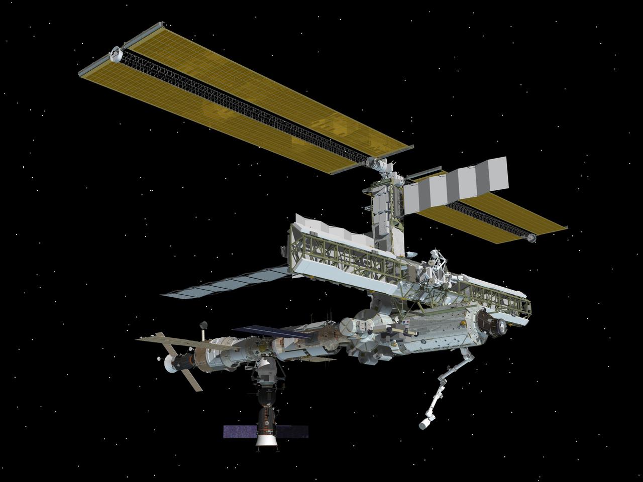 JSC2005-E-40057 (October 2005) --- Computer-generated artist's rendering of the International Space Station following scheduled activities of Oct. 10, 2005. This angle shows the starboard side of the orbiting complex. Soyuz 10 undocks from the nadir port of the Zarya Module, with the Expedition 11 crewmembers inside as they start their return to Earth. Soyuz 11 remains docked to Pirs. Progress 19 resupply vehicle is docked to the aft end of the Zvezda Service Module.