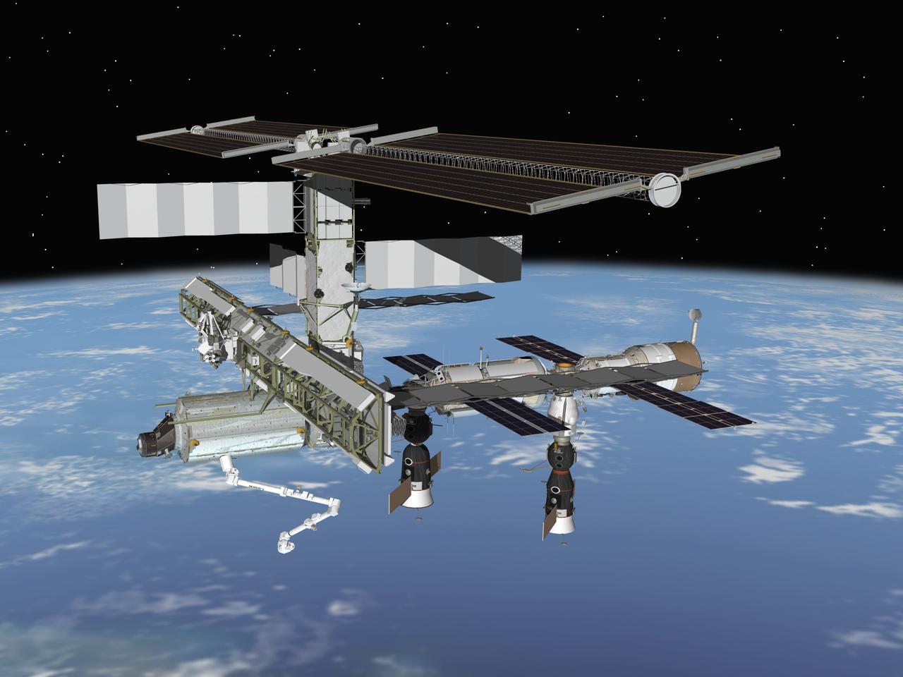 JSC2006-E-05925 (March 2006) --- Computer-generated artist&#0146;s rendering of the International Space Station following scheduled activities of March 3, 2006. This angle shows the port side view of the orbiting complex. Progress 19 resupply vehicle undocks from the Zvezda Service Module. Soyuz 11 remains docked to the nadir port of the Zarya Module and Progress 20 resupply vehicle remains docked to the Pirs Docking Compartment.