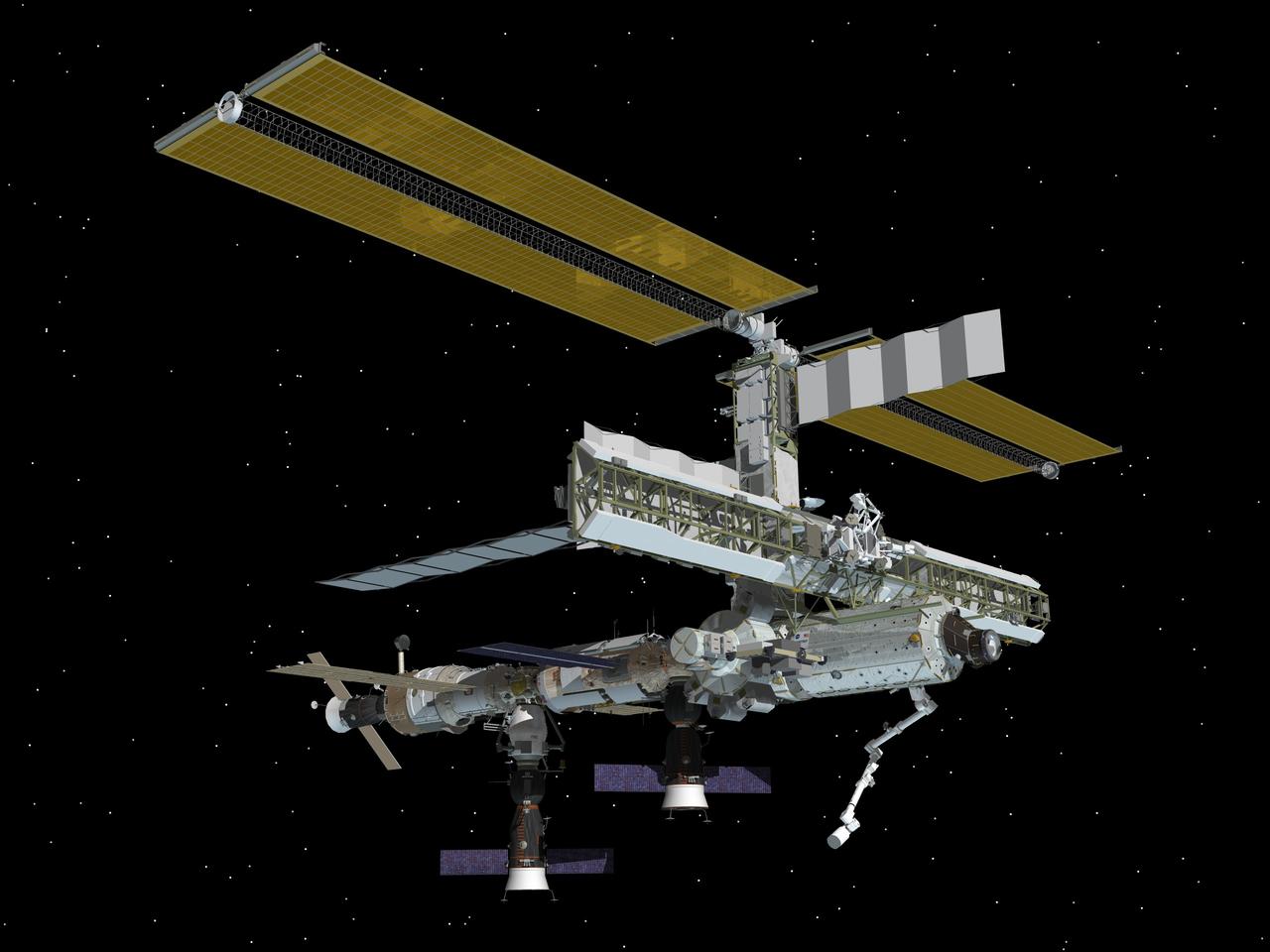 JSC2006-E-06375 (March 2006) --- Computer-generated artist&#0146;s rendering of the International Space Station following scheduled activities of March 31, 2006. This angle shows the starboard side view of the orbiting complex. Soyuz 12, transporting the Expedition 13 crew, docks to the Zarya Module nadir port. Soyuz 11 remains docked to the Zvezda Service Module aft port and Progress 20 resupply vehicle remains docked to the Pirs Docking Compartment.