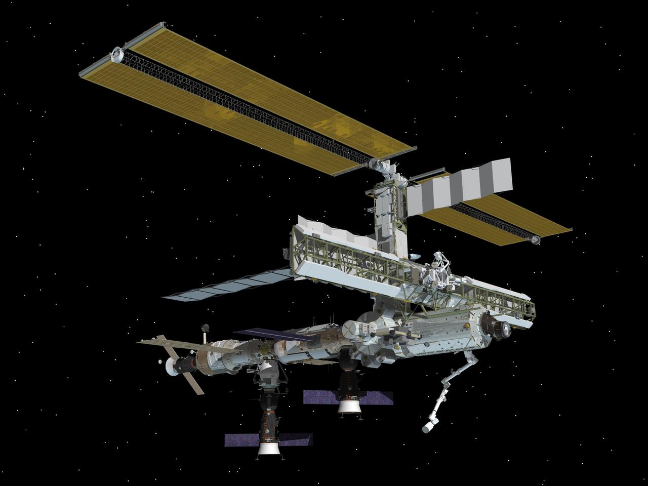 JSC2006-E-15534 (April 2006) --- Computer-generated artist's rendering of the International Space Station following scheduled activities of April 26, 2006. This angle shows the starboard side view of the orbiting complex. Progress 21 resupply vehicle docks to the Zvezda Service Module aft port. Soyuz 12 is docked to the Zarya Module nadir port and Progress 20 resupply vehicle remains docked to the Pirs Docking Compartment.