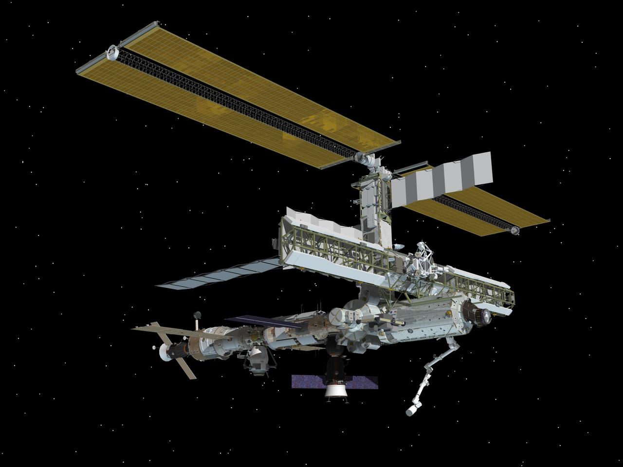 JSC2006-E-23389 (June 2006) --- Computer-generated artist's rendering of the International Space Station following scheduled activities of June 19, 2006. This angle shows the starboard side view of the orbiting complex. Progress 20 resupply vehicle undocks from the Pirs Docking Compartment. Progress 21 remains docked to the Zvezda Service Module aft port and Soyuz 12 remains docked to the Zarya Module nadir port.