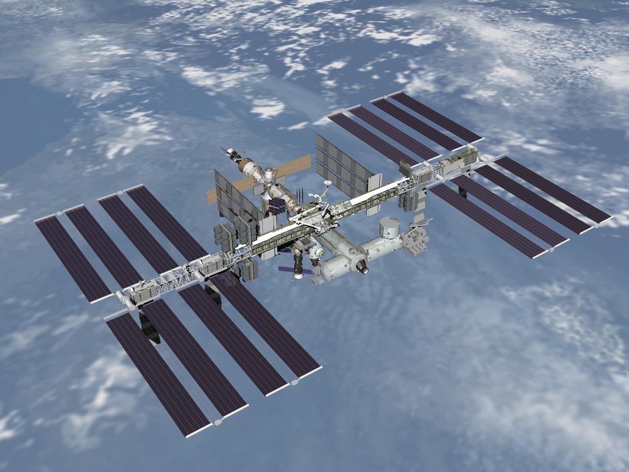 JSC2006-E-25645 (October 2006) --- Computer-generated scene showing a high-angle wide view (starboard-forward) of the International Space Station, after assembly work is completed.