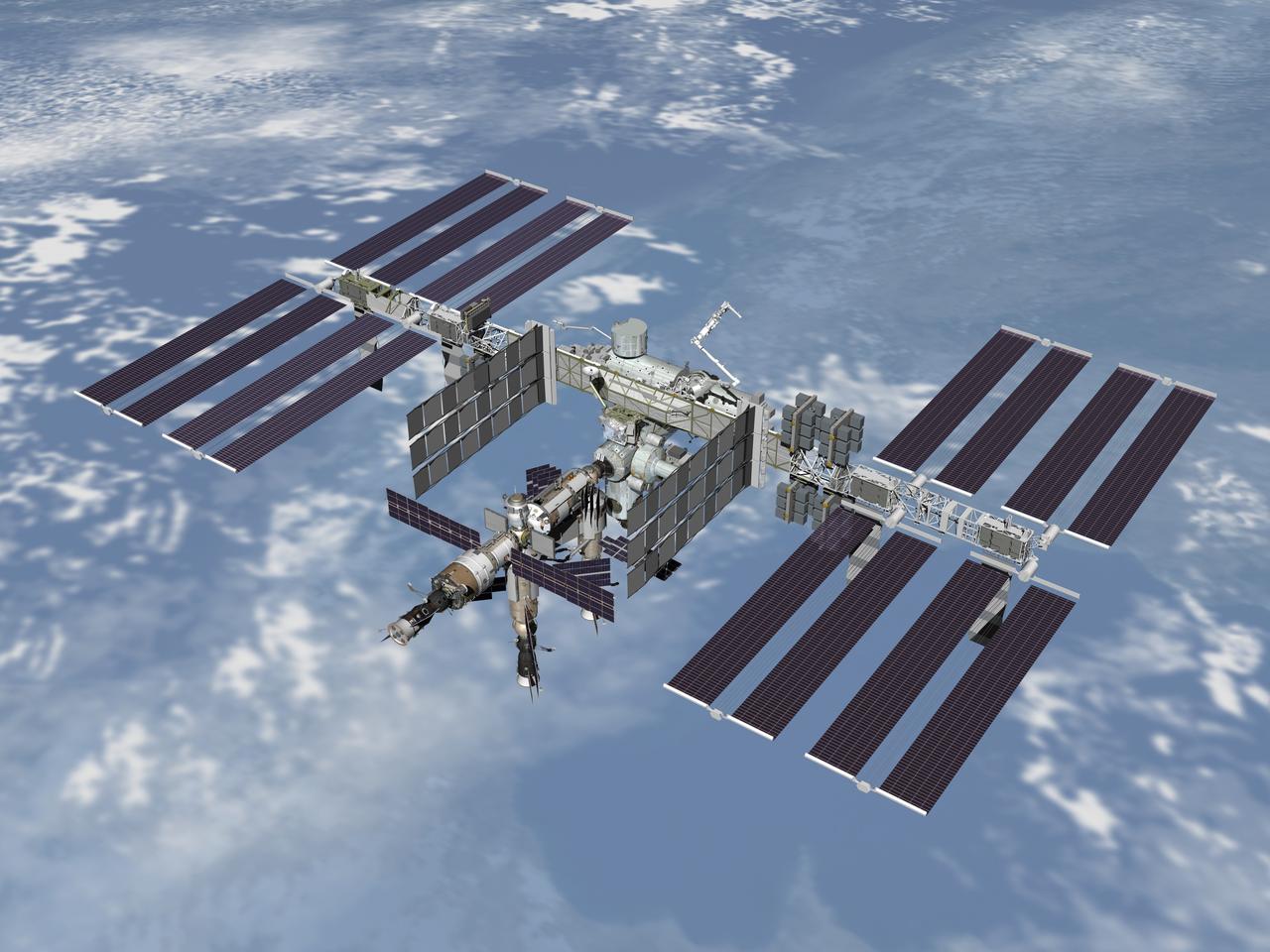 JSC2006-E-25647 (October 2006) --- Computer-generated scene showing a high-angle wide view (starboard-aft) of the International Space Station, after assembly work is completed.
