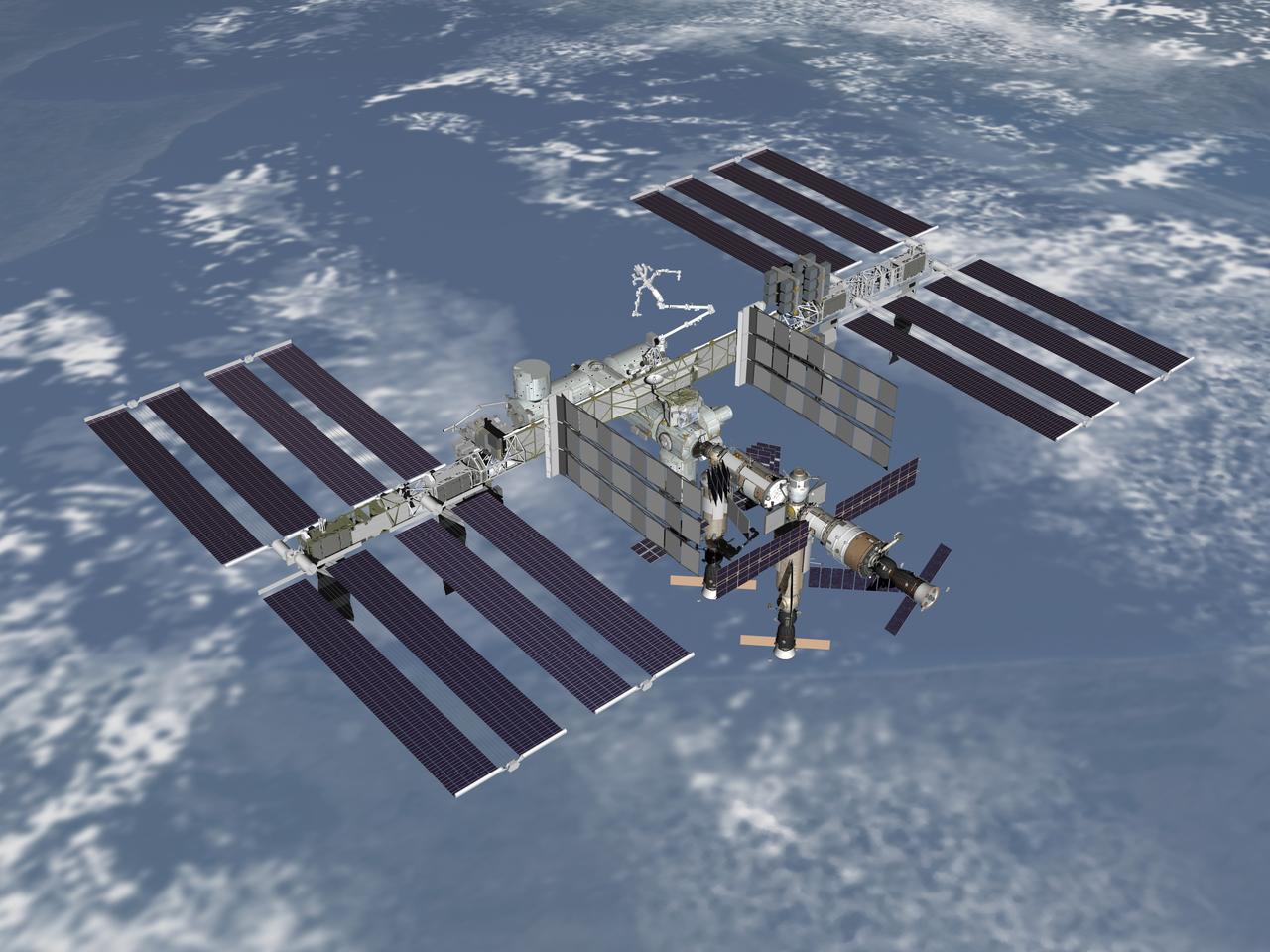 JSC2006-E-25648 (October 2006) --- Computer-generated scene showing a high-angle wide view (port-aft) of the International Space Station, after assembly work is completed.